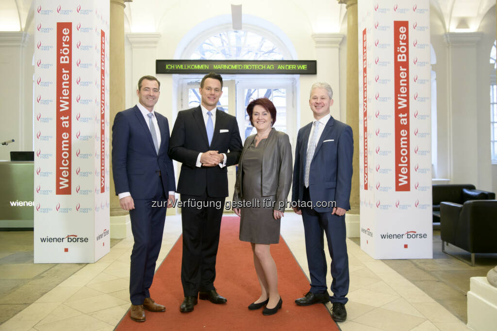 Pascal Schmidt (Marinomed), Christoph Boschan (Wiener Börse), Eva Prieschl-Grassauer, Andreas Grassauer (Marinomed), © Wiener Börse AG/APA-Fotoservice/Hörmandinger Fotograf/in: Martin Hörmandinger bzw. Richard Tanzer (01.02.2019) 