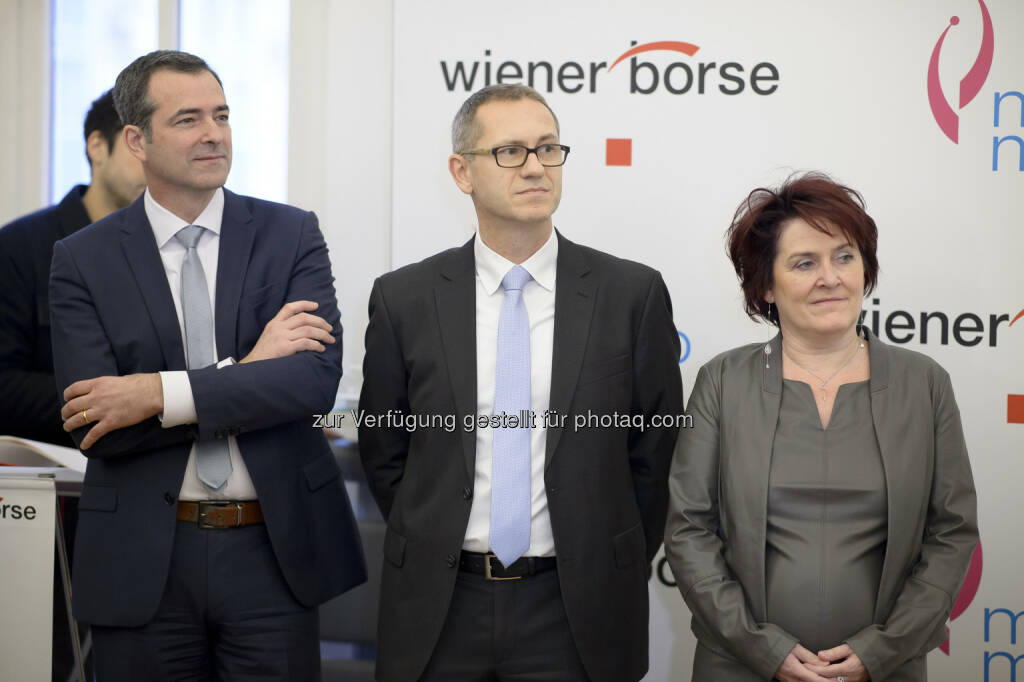 Pascal Schmidt (Marinomed), Günther Artner (Erste Group), Eva Prieschl-Grassauer (Marinomed), © Wiener Börse AG/APA-Fotoservice/Hörmandinger Fotograf/in: Martin Hörmandinger bzw. Richard Tanzer (01.02.2019) 