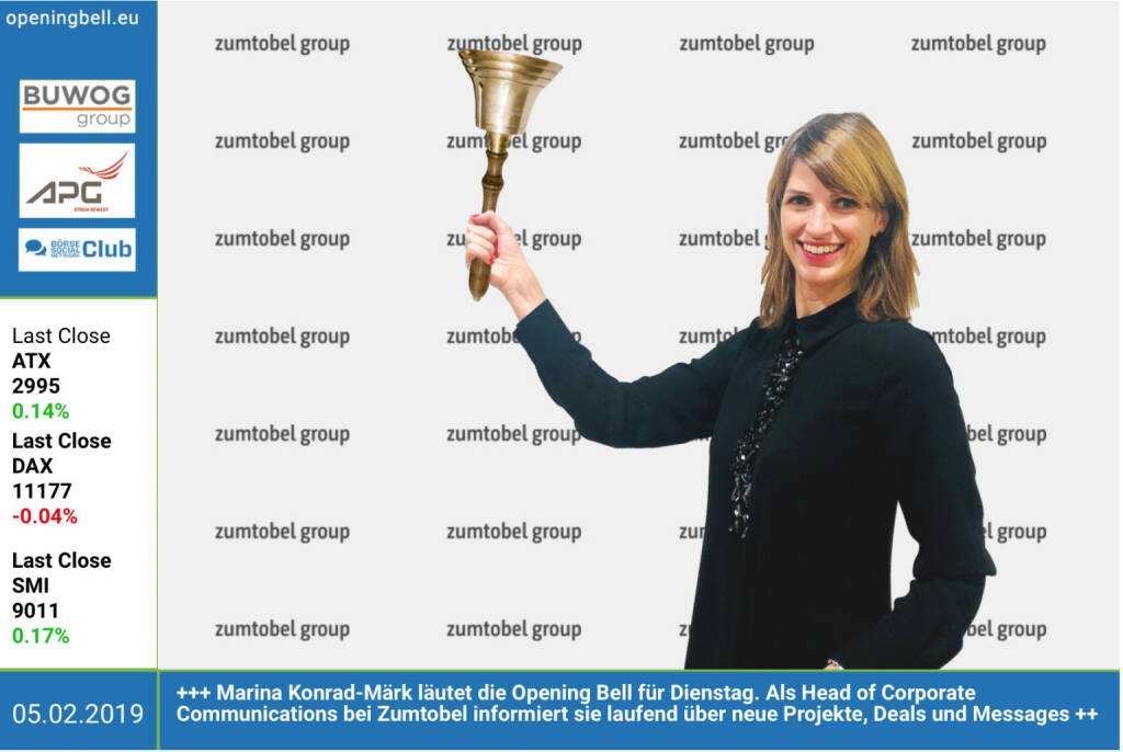 5.2.: Marina Konrad-Märk läutet die Opening Bell für Dienstag. Als Head of Corporate Communications bei Zumtobel informiert sie laufend über neue Projekte, Deals und Messages des Beleuchtungskonzerns https://www.zumtobelgroup.com/  https://www.facebook.com/groups/GeldanlageNetwork (05.02.2019) 