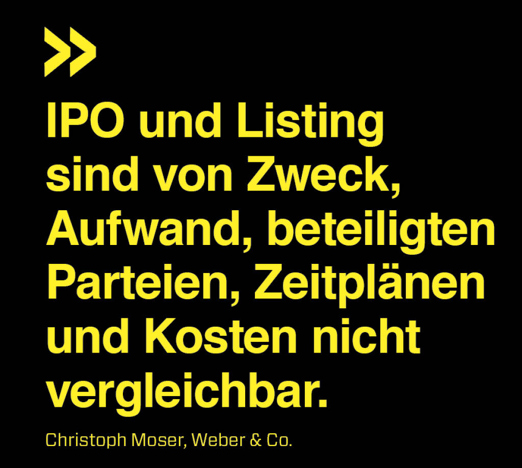IPO und Listing sind von Zweck, Aufwand, beteiligten Parteien, Zeitplänen und Kosten nicht vergleichbar.
Christoph Moser, Weber & Co. (17.02.2019) 