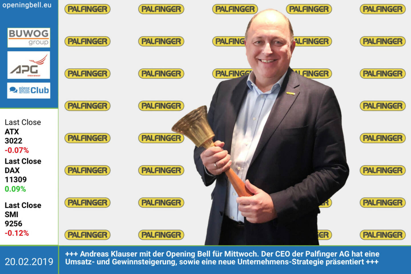 20.2.: Andreas Klauser mit der Opening Bell für Mittwoch. Der CEO der Palfinger AG hat eine Umsatz- und Gewinnsteigerung, sowie eine neue Unternehmens-Strategie präsentiert. http://palfinger.ag https://www.facebook.com/groups/GeldanlageNetwork