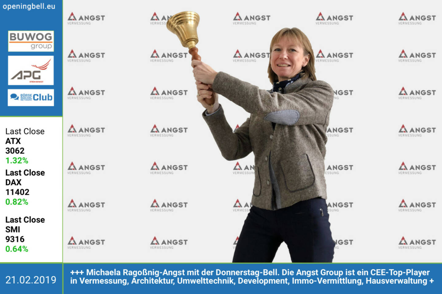 21.2.: Michaela Ragoßnig-Angst mit der Opening Bell für Donnerstag. Im mittel- und osteuropäischem Raum zählt die Angst Group zu den führenden Unternehmen im Bereich Vermessung, Architektur, Umwelttechnik, Projektentwicklung, Immobilienvermittlung und Hausverwaltung. Und das seit 1968. https://www.angstgroup.com/  https://www.facebook.com/AngstVermessung/ https://www.facebook.com/groups/GeldanlageNetwork
