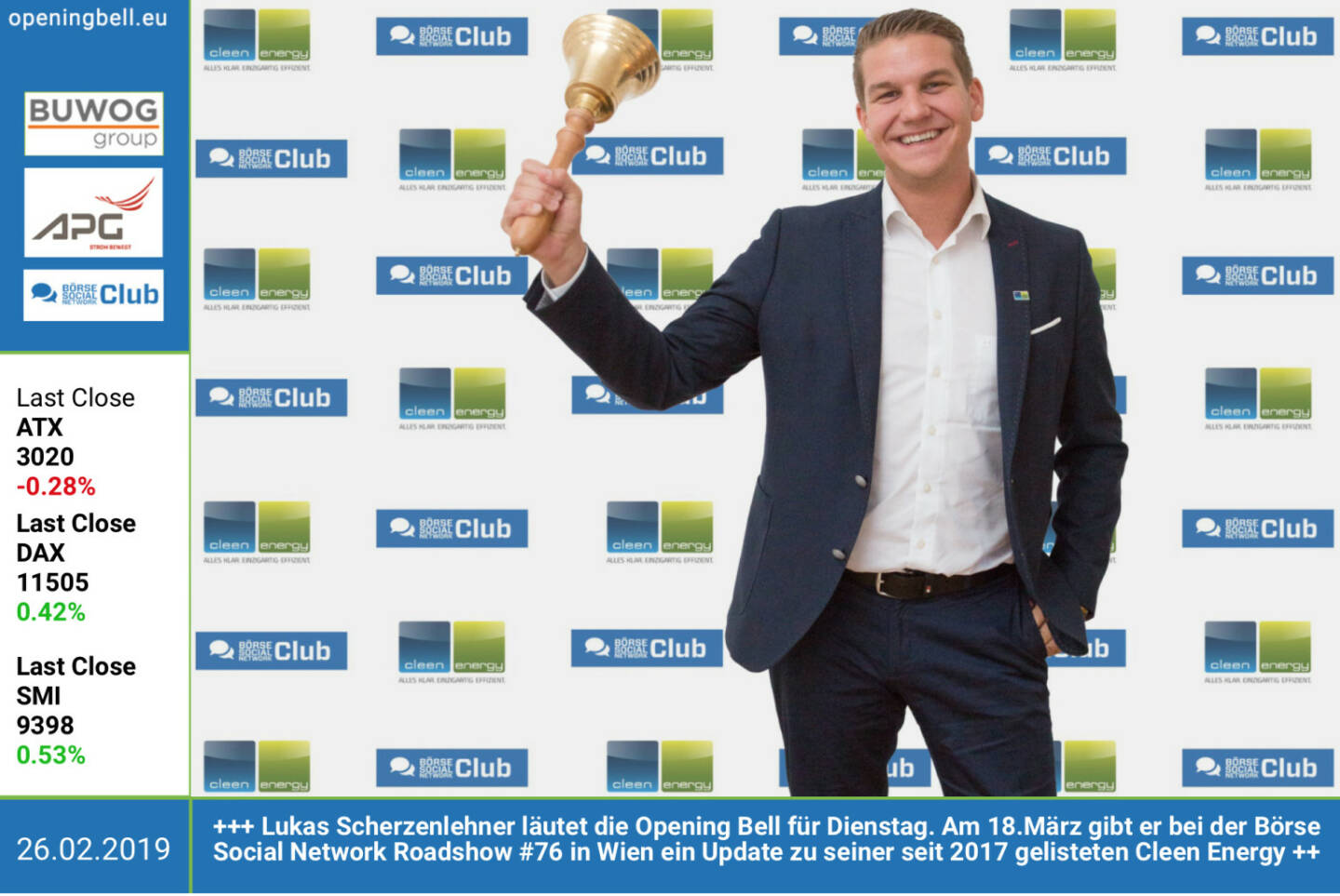 26.2.: Lukas Scherzenlehner läutet die Opening Bell für Dienstag. Am 18.März gibt er bei der Börse Social Network Roadshow #76 in Wien ein Update zu seiner seit 2017 gelisteten Cleen Energy http://www.cleen-energy.com https://www.facebook.com/groups/GeldanlageNetwork