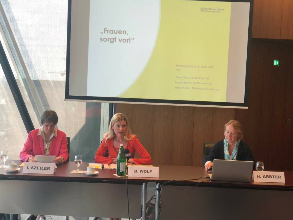 Pressekonferenz zum Thema Frauen sorgt vor mit Ingrid Szeiler (Raiffeisen KAG), Beate Wolf (Valida Vorsorgekasse), Heike Arbter (RCB), Credit: BSM (06.03.2019) 