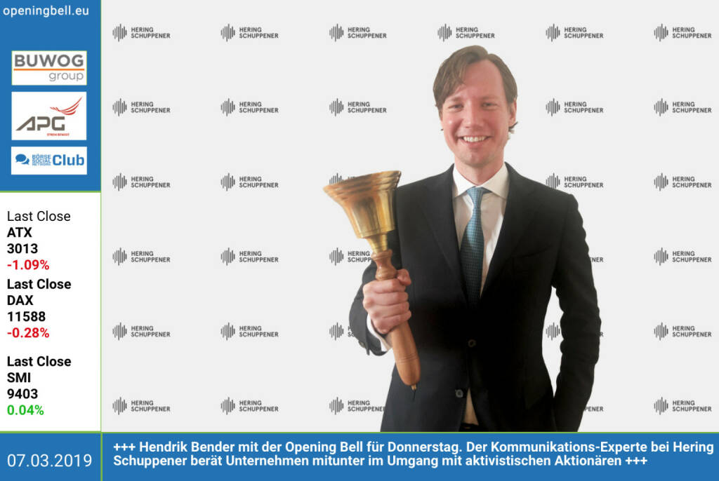 7.3.: Hendrik Bender mit der Opening Bell für Donnerstag. Der Kommunikations-Experte bei Hering Schuppener berät Unternehmen mitunter im Umgang mit aktivistischen Aktionären http://www.heringschuppener.com (07.03.2019) 