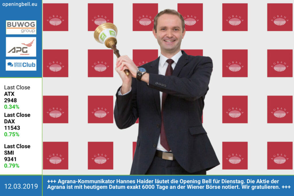 12.3.: Agrana-Kommunikator Hannes Haider läutet die Opening Bell für Dienstag. Die Aktie der Agrana ist mit heutigem Datum exakt 6000 Tage an der Wiener Börse notiert. Wir gratulieren https://www.agrana.com https://www.facebook.com/groups/GeldanlageNetwork (12.03.2019) 