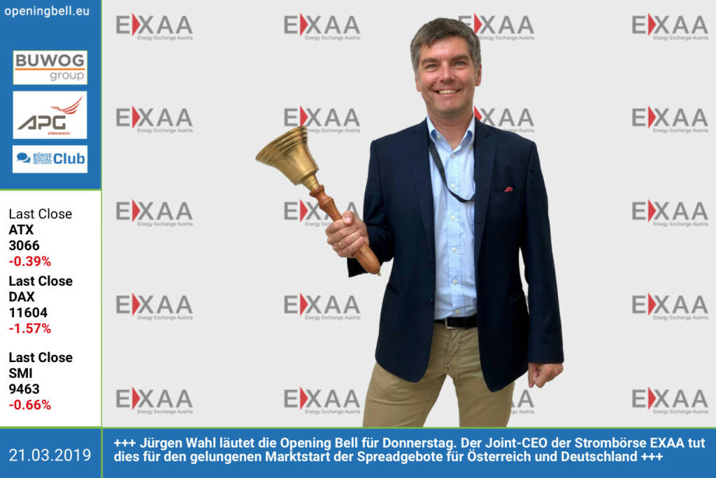 21.3.: Jürgen Wahl läutet die Opening Bell für Donnerstag. Der Joint-CEO der Strombörse EXAA tut dies für den gelungenen Marktstart der Spreadgebote für Österreich und Deutschland https://www.exaa.at/de https://www.facebook.com/groups/GeldanlageNetwork (21.03.2019) 