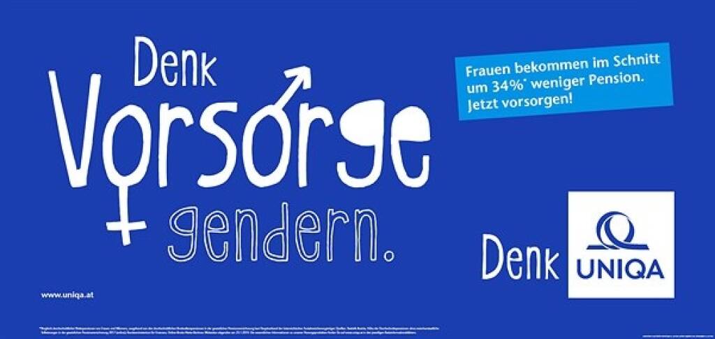 Uniqa Frühjahrskampagne 2019: Prägnante Botschaften prägen den UNIQA Werbeauftritt ab Montag, 1. April. Drei Denkanstöße – „Denk Vorsorge gendern!“, „Denk lieg Dir am Herzen!“ und „Denk Leben ohne Handbremse!“ – stehen in weißen Lettern auf blauem Grund für sich. Auf Plakaten, Citylights, Rolling Boards und in Onlinemedien regen sie Herrn und Frau Österreich dazu an, ihre individuellen Vorsorgelücken zu schließen, mit Blick auf Pension, auf Krankheiten und Unfälle. © UNIQA, © Aussender (01.04.2019) 