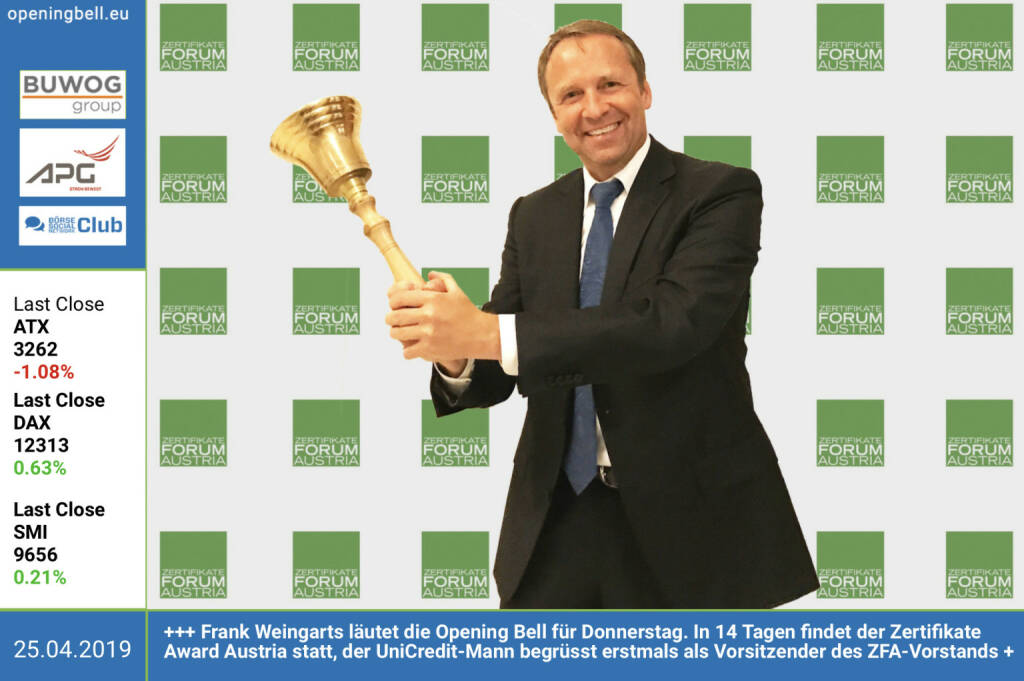 25.4:  Frank Weingarts läutet die Opening Bell für Donnerstag. In 14 Tagen findet der Zertifikate Award Austria statt, der UniCredit-Mann begrüsst erstmals als Vorsitzender des ZFA-Vorstands http://www.zertifikateforum.at https://www.onemarkets.at/de.html https://www.facebook.com/groups/GeldanlageNetwork (25.04.2019) 