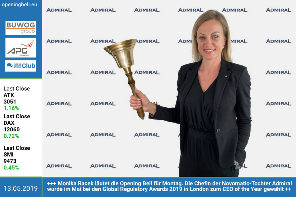 13.5.: Monika Racek läutet die Opening Bell für Montag. Die Chefin der Novomatic-Tochter Admiral wurde im Mai bei den Global Regulatory Awards 2019 in London zum CEO of the Year gewählt https://admiral.at/de https://www.novomatic.com https://www.facebook.com/groups/GeldanlageNetwork  (13.05.2019) 