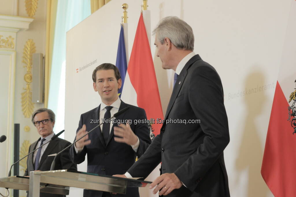 Regierungssprecher Peter Launsky-Tieffenthal, Bundeskanzler Sebastian Kurz, OMV-CEO Rainer Seele, PK OMV-Standort Wien 17.5.19 (17.05.2019) 