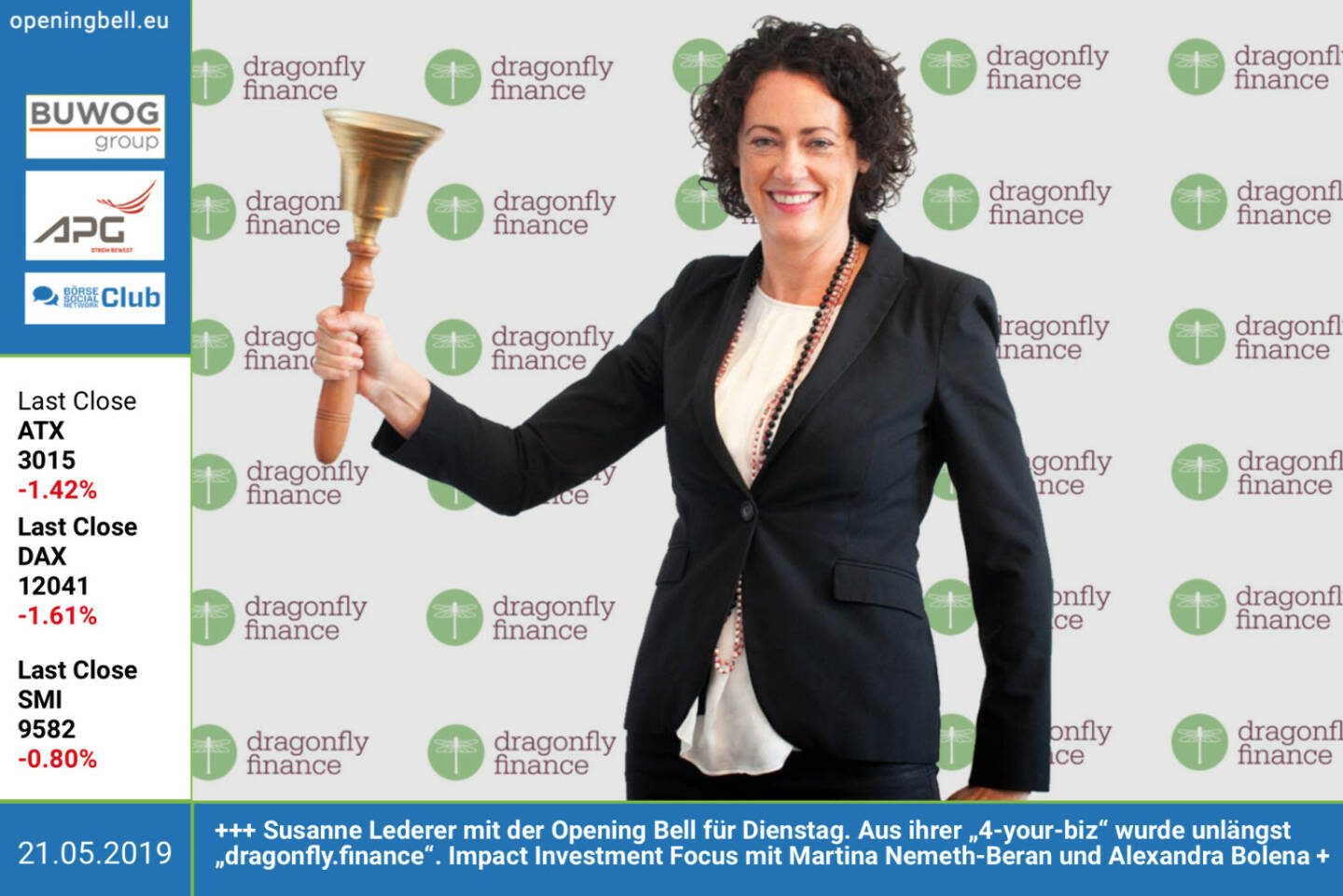21.5.: Susanne Lederer-Pabst läutet die  Opening Bell für Dienstag. Aus ihrer „4-your-biz“ wurde unlängst „dragonfly.finance“. Impact Investment  Focus mit Martina Nemeth-Beran und Alexandra Bolena https://www.dragonfly.finance https://www.facebook.com/groups/GeldanlageNetwork