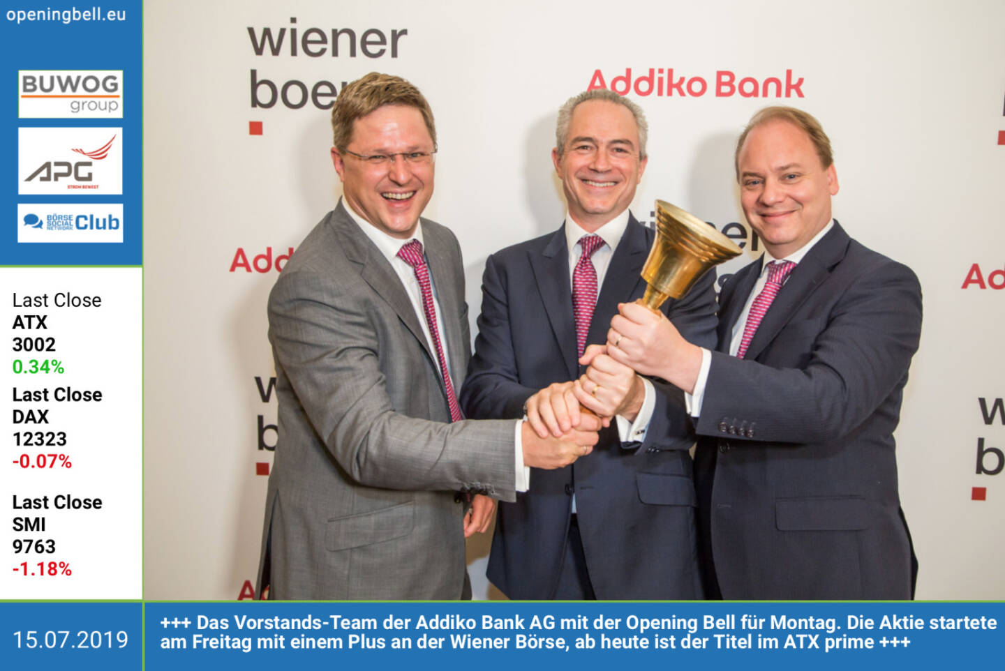 15.7.: Das Vorstands-Team der Addiko Bank mit der Opening Bell f&uuml;r Montag. Die Aktie startete am Freitag, ab heute ist der Titel im ATX prime enthalten. https://www.facebook.com/groups/GeldanlageNetwork
