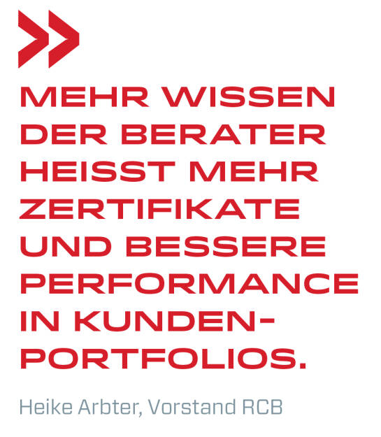 Mehr Wissen der Berater heißt mehr Zertifikate und bessere Performance in Kunden-portfolios.
Heike Arbter, Vorstand RCB (19.08.2019) 