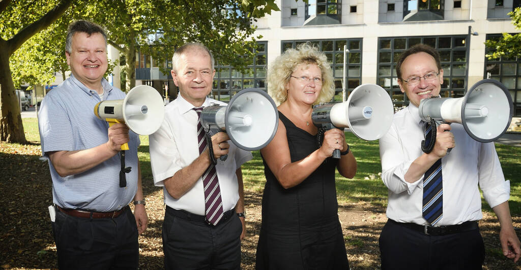 In einem gemeinsamen Pressegespräch stellten am Vormittag Thomas Henzinger vom Institute of Science and Technology Austria, Antonio Loprieno vom Österreichischen Wissenschaftsrat, Sabine Seidler von der Österreichischen Universitätenkonferenz sowie Klement Tockner vom Wissenschaftsfonds FWF fünf forschungspolitische Empfehlungen an die künftige Bundesregierung vor. Sie sollen den Wissenschafts- und Wirtschaftsstandort im Hinblick auf Innovationskraft und Wohlstand langfristig sichern sowie sicherstellen, das einmalige Potenzial an wissenschaftlichen Talenten nicht zu verschenken.  Credit: ISTA / Johannes Zinner, © Aussender (19.08.2019) 