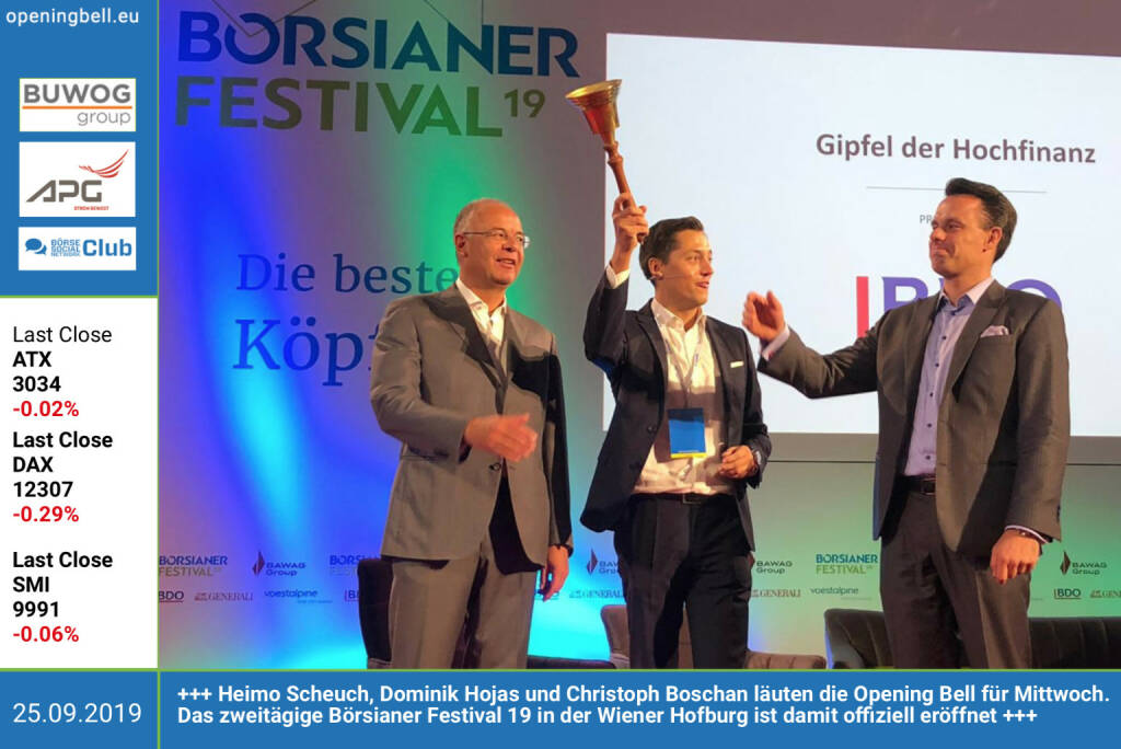 25.9.: Heimo Scheuch, Dominik Hojas und Christoph Boschan läuten die Opening Bell für Mittwoch. Das zweitägige Börsianer Festival 19 in der Wiener Hofburg ist damit offiziell eröffnet https://boersianer-festival.com (25.09.2019) 