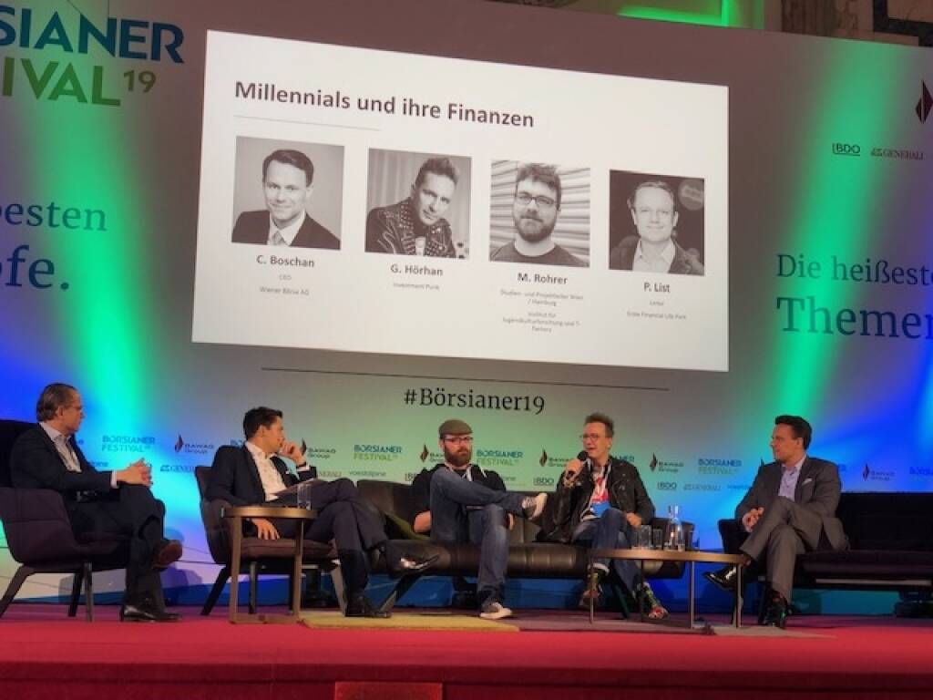 Panel Millennials: Philip List (Erste FLIP), Dominik Hojas (Börsianer), Matthias Rohrer (Jugendforscher), Investmentpunk Gerald Hörhan, Börse-Chef Christoph Boschan (25.09.2019) 