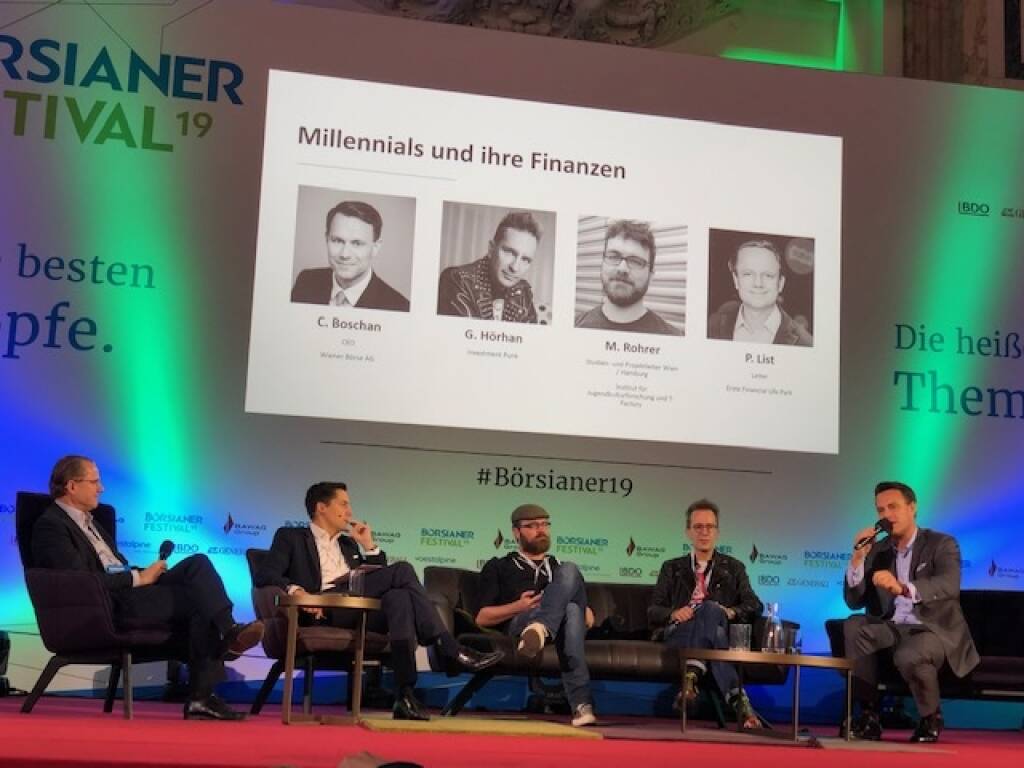 Panel Millennials: Philip List (Erste FLIP), Dominik Hojas (Börsianer), Matthias Rohrer (Jugendforscher), Investmentpunk Gerald Hörhan, Börse-Chef Christoph Boschan (25.09.2019) 