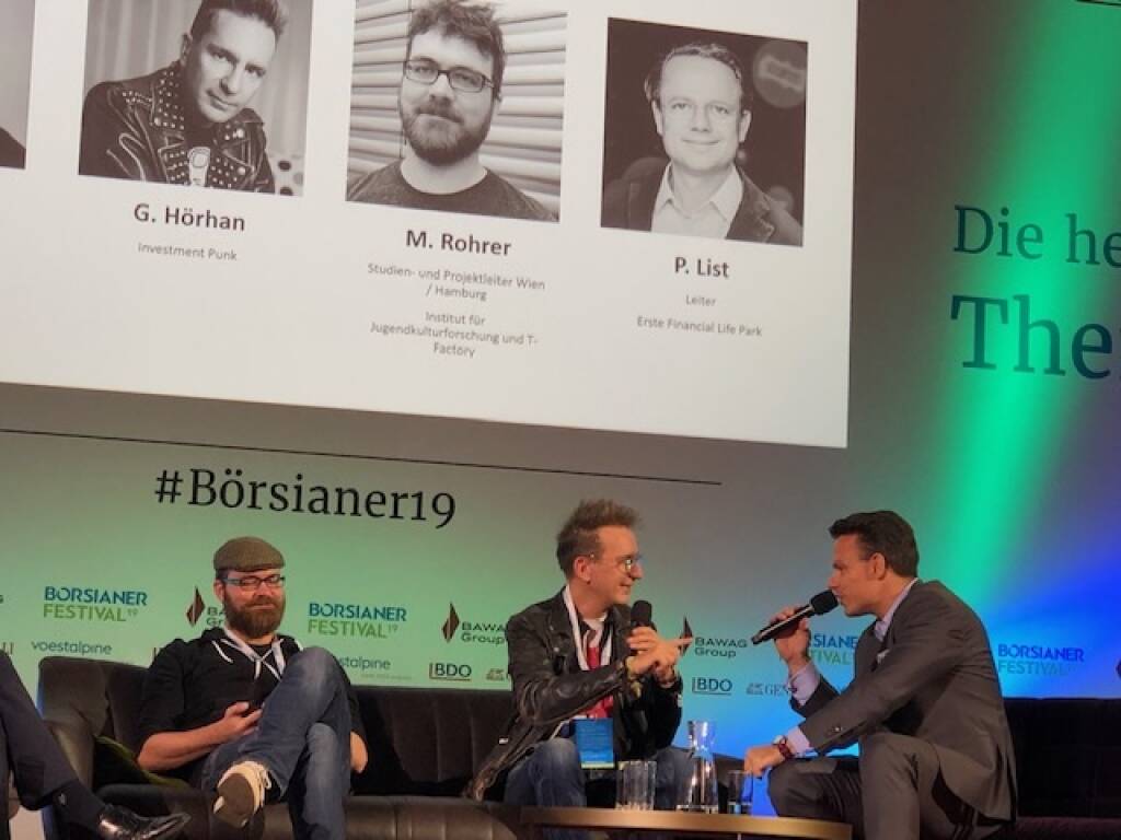 Panel Millennials:  Matthias Rohrer (Jugendforscher), Investmentpunk Gerald Hörhan, Börse-Chef Christoph Boschan (25.09.2019) 