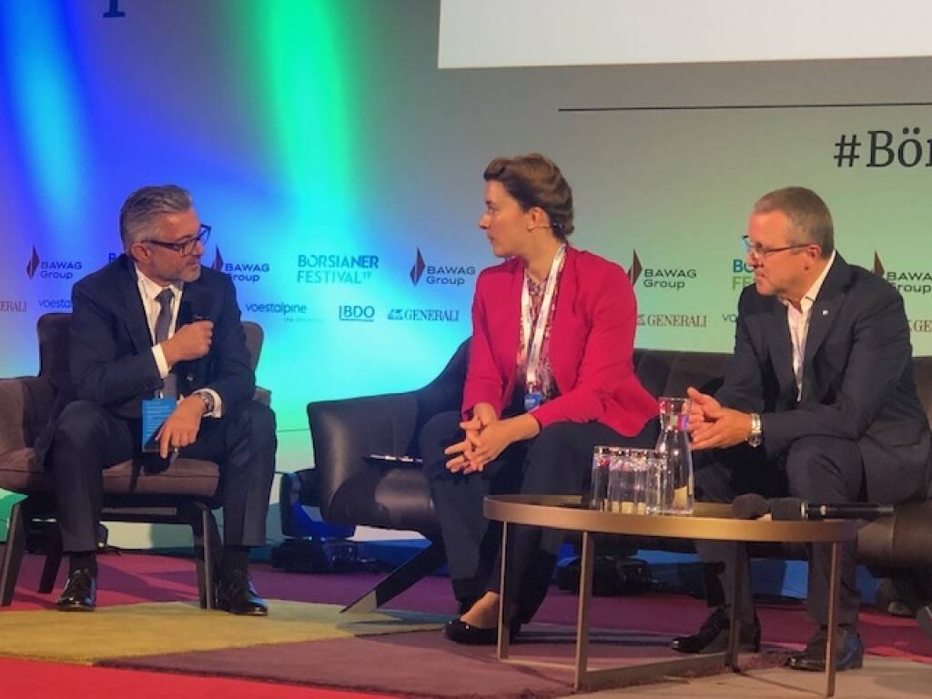 voestalpine-CEO Herbert Eibensteiner, Ingrid Krawarik (Börsianer), FACC-CEO Robert Machtlinger (26.09.2019) 