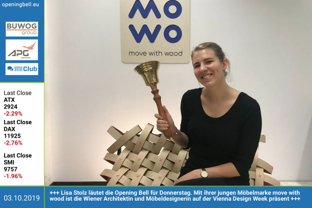 3.10.: Lisa Stolz läutet die Opening Bell für Donnerstag. Mit ihrer jungen Möbelmarke move with wood ist die Wiener Architektin und Möbeldesignerin auf der Vienna Design Week präsent https://www.lisastolz.com https://www.viennadesignweek.at (03.10.2019) 