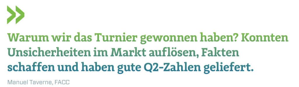 Warum wir das Turnier gewonnen haben? Konnten Unsicherheiten im Markt auflösen, Fakten schaffen und haben gute Q2-Zahlen geliefert.
Manuel Taverne, FACC (20.11.2019) 