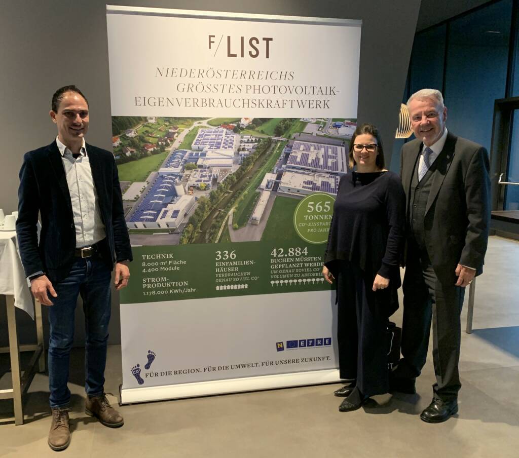 F/LIST investiert 1,2 Millionen Euro in Niederösterreichs größtes Photovoltaik-Eigenverbrauchskraftwerk; (v.l.n.r.) Manuel Thaler, Geschäftsleitung Ökovolt Österreich, Katharina List-Nagl, Geschäftsführerin F/LIST, und Klaus Schneeberger, Klubobmann des Landtagsklubs der VP; Credit: F/List GmbH, © Aussender (21.11.2019) 