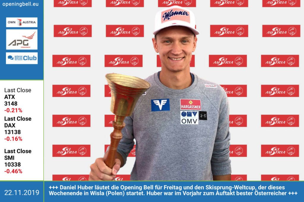 22.11.:  Daniel Huber läutet die Opening Bell für Freitag und den Skisprung-Weltcup, der dieses Wochenende in Wisla (Polen) startet. Huber war im Vorjahr zum Auftakt bester Österreicher http://www.oesv.at (22.11.2019) 