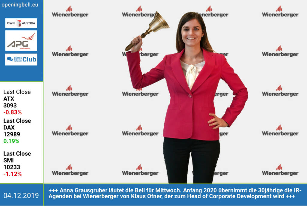 4.12.: Anna Grausgruber läutet die Opening Bell für Mittwoch. Anfang 2020 übernimmt die 30jährige die IR-Agenden bei Wienerberger von Klaus Ofner, der als Head of Corporate Development neue Aufgaben im Konzern wahrnehmen wird  http://www.wienerberger.com (04.12.2019) 