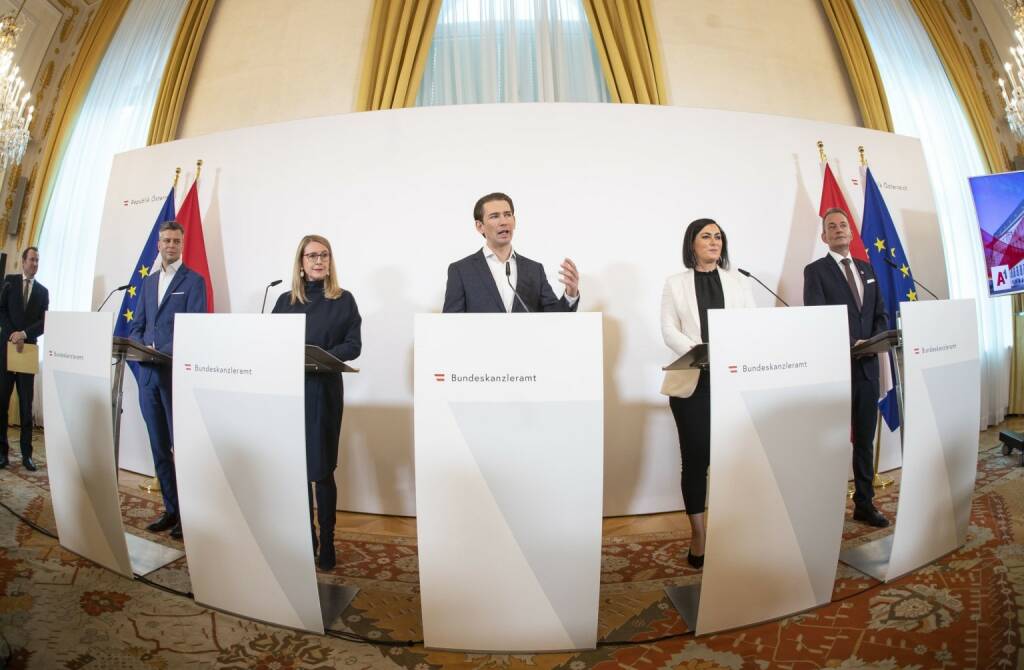 A1 startet das größte 5G Netz Österreichs, Bundeskanzler Sebastian Kurz, Ministerinnen Margarete Schramböck und Elisabeth Köstinger, A1 Österreich CEO Marcus Grausam, A1 Telekom Austria Group CEO Thomas Arnoldner, Credit: BKA/ Arno Melicharek, © Aussender (20.01.2020) 