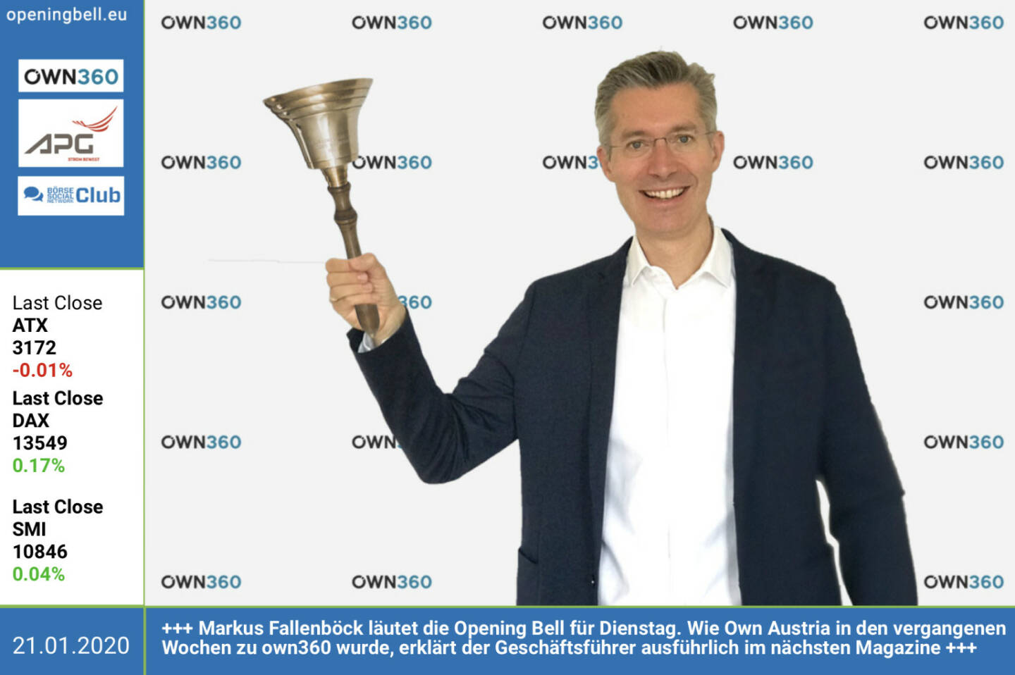 21.1.: Markus Fallenböck läutet die Opening Bell für Dienstag. Wie Own Austria in den vergangenen Wochen zu own360 wurde, erklärt der Geschäftsführer ausführlich im nächsten Magazine https://www.own360.app/at/ http://www.boerse-social.com/magazine