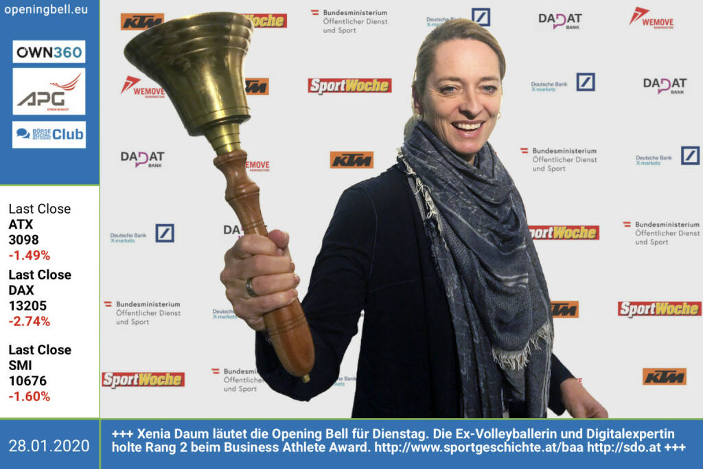 28.1.: Xenia Daum läutet die Opening Bell für Dienstag. Die Ex-Volleyballerin und Digitalexpertin holte Rang 2 beim Business Athlete Award. http://www.sportgeschichte.at/baa http://sdo.at https://photaq.com/page/index/3767  (28.01.2020) 