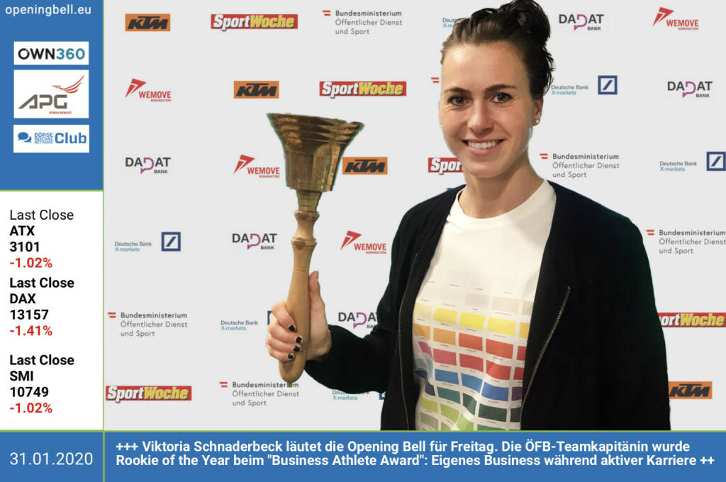 31.1.: Viktoria Schnaderbeck läutet die Opening Bell für Freitag. Die ÖFB-Teamkapitänin wurde beim Business Athlete Award zum Rookie of the Year gewählt: Eigenes Business während aktiver Karriere http://www.sportgeschichte.at/baa  https://photaq.com/page/index/3767 (31.01.2020) 