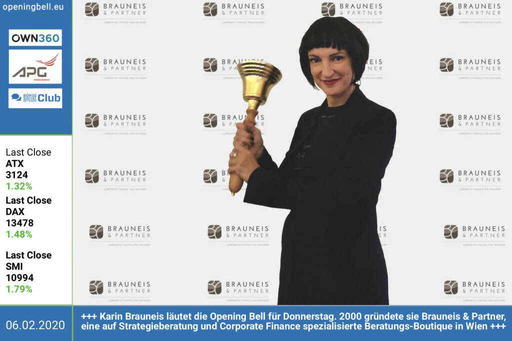 6.2.: Karin Brauneis läutet die Opening Bell für Donnerstag. 2000 gründete sie Brauneis & Partner, eine auf Strategieberatung und Corporate Finance spezialisierte Beratungs-Boutique  in Wien https://www.brauneis-partner.at  (06.02.2020) 