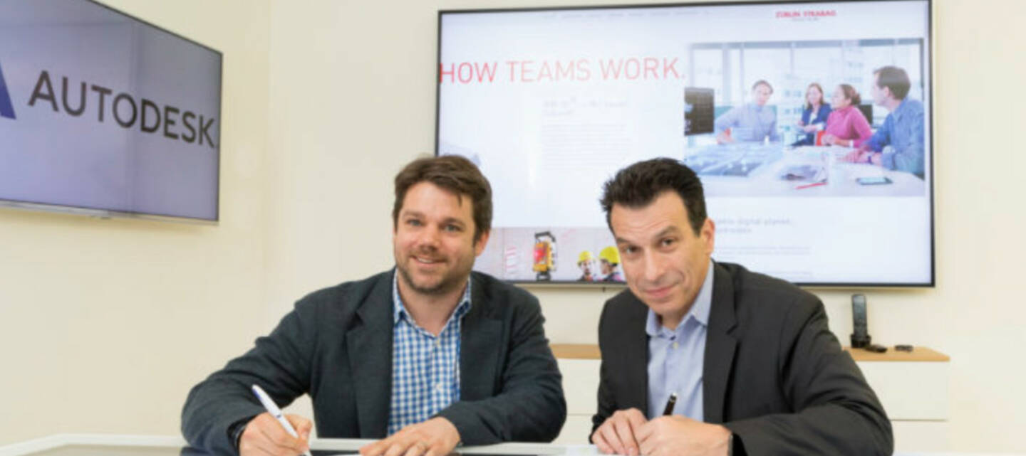 Autodesk und Strabag unterzeichnen Absichtserklärung für engere Zusammenarbeit, im Bild: Klemens Haselsteiner, Strabag-Digitalvorstand (links) und Andrew Anagnost, CEO von Autodesk. Quelle: Autodesk