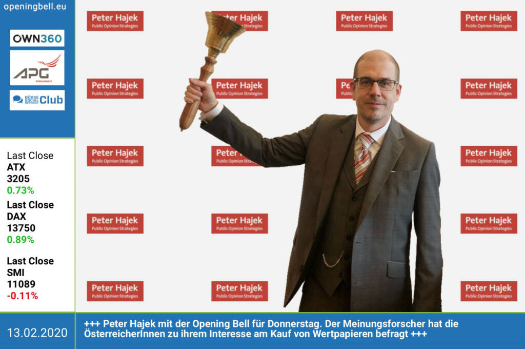 13.2.: Peter Hajek mit der Opening Bell für Donnerstag. Der Meinungsforscher hat die ÖsterreicherInnen zu ihrem Interesse am Kauf von Wertpapieren befragt. https://bit.ly/2Hg5oeq http://peterhajek.com (13.02.2020) 