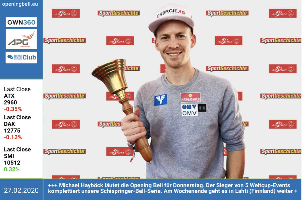 27.2.:Michael Hayböck läutet die Opening Bell für Donnerstag. Der Sieger von 5 Weltcup-Events komplettiert unsere Schispringer-Bell-Serie. Am Wochenende geht es in Lahti (Finnland) weiter http://www.sportgeschichte.at  http://www.oesv.at   (27.02.2020) 