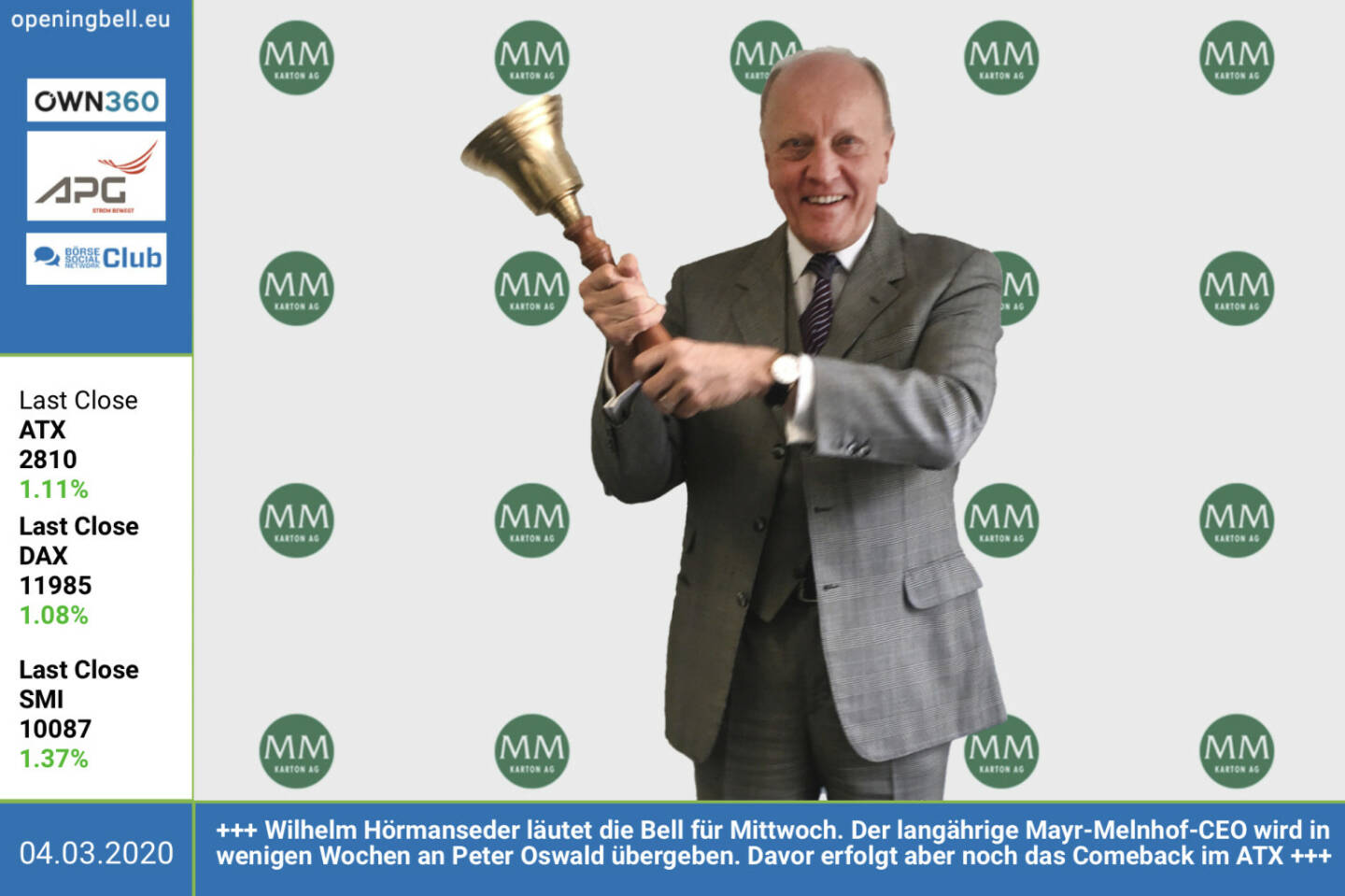 4.3.: Wilhelm Hörmanseder läutet die Opening Bell für Mittwoch. Der langährige Mayr-Melnhof-CEO wird in wenigen Wochen an Peter Oswald übergeben. Davor erfolgt aber noch das Comeback der Mayr-Melnhof-Aktie im ATX 