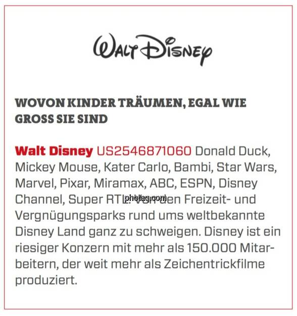 Walt Disney - Wovon Kinder träumen, egal wie groß sie sind: Donald Duck, Mickey Mouse, Kater Carlo, Bambi, Star Wars, Marvel, Pixar, Miramax, ABC, ESPN, Disney Channel, Super RTL. Von den Freizeit- und Vergnügungsparks rund ums weltbekannte Disney Land ganz zu schweigen. Disney ist ein riesiger Konzern mit mehr als 150.000 Mitarbeitern, der weit mehr als Zeichentrickfilme produziert. (19.03.2020) 
