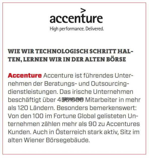Accenture - Wie wir technologisch Schritt halten, lernen wir in der alten Börse: Accenture ist führendes Unternehmen der Beratungs- und Outsourcingdienstleistungen. Das irische Unternehmen beschäftigt über 450.000 Mitarbeiter in mehr als 120 Ländern. Besonders bemerkenswert: Von den 100 im Fortune Global gelisteten Unternehmen zählen mehr als 90 zu Accentures Kunden. Auch in Österreich stark aktiv, Sitz im alten Wiener Börsegebäude. (24.03.2020) 