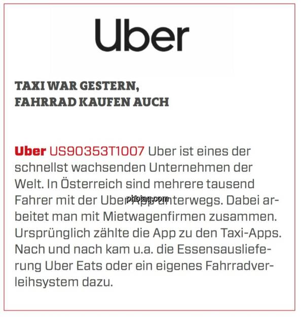 Uber - Taxi war gestern, Fahrrad kaufen auch: Uber ist eines der schnellst wachsenden Unternehmen der Welt. In Österreich sind mehrere tausend Fahrer mit der Uber App unterwegs. Dabei arbeitet man mit Mietwagenfirmen zusammen. Ursprünglich zählte die App zu den Taxi-Apps. Nach und nach kam u.a. die Essensauslieferung Uber Eats oder ein eigenes Fahrradverleihsystem dazu. (24.03.2020) 