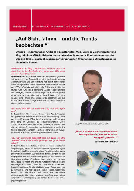 3 Banken-Generali Fonds Journal 06/2020 - „Auf Sicht fahren – und die Trends beobachten“  Interview Werner Leithenmüller (03.06.2020) 