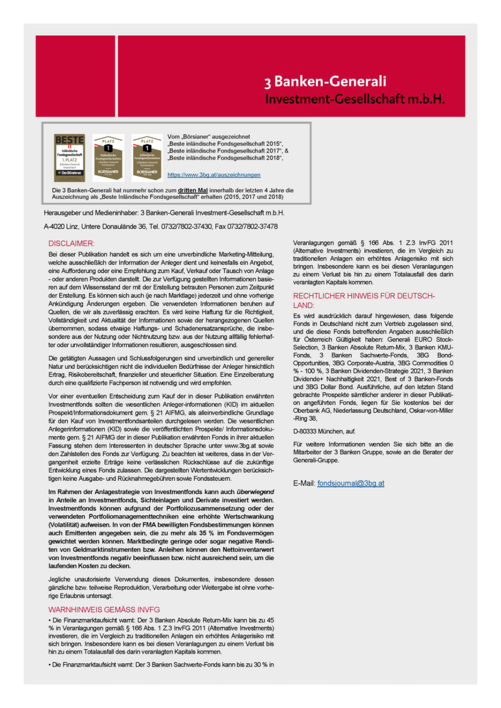 3 Banken-Generali Fonds Journal 06/2020 - Impressum, Disclaimer