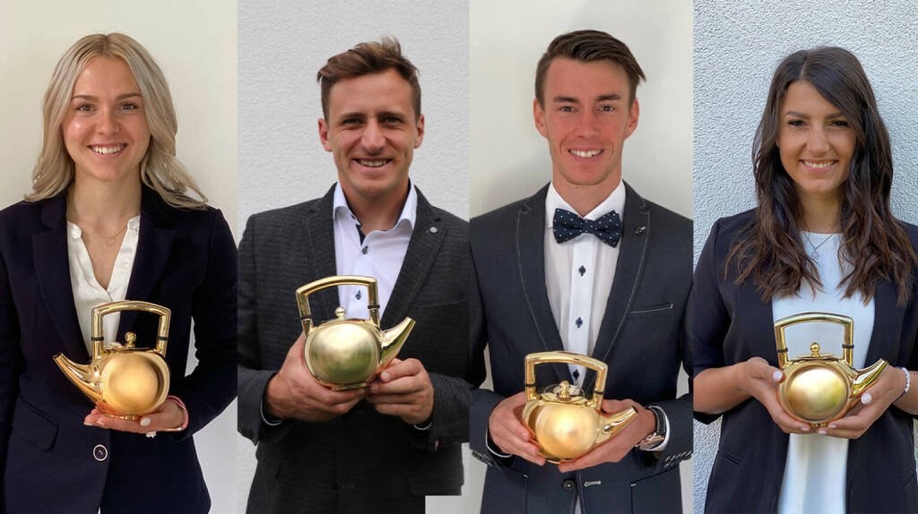 Die Gewinner der Goldenen Teekannen 2020 (von links nach rechts): Chiara Hölzl, Matthias Mayer, Stefan Kraft, Stephanie Venier, Credit: Copyright:
Chiara Hölzl, Matthias Mayer, Stefan Kraft, Stephanie Venier, © Aussendung (10.06.2020) 