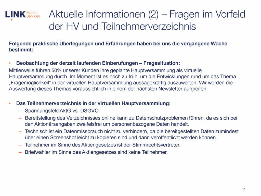 Link Market Services - Fragen im Vorfeld der HV und Teilnehmerverzeichnis (16.06.2020) 