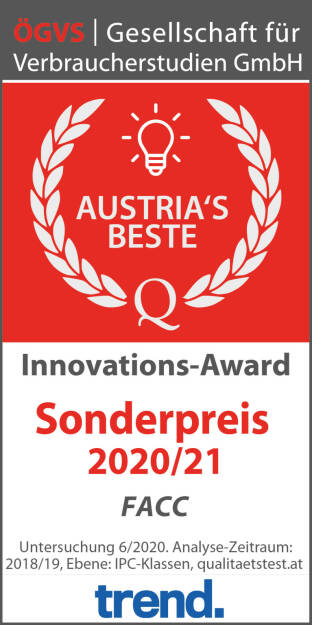 Innovations-Award ÖGVS/trend: Das Wirtschaftsmagazin trend und die Gesellschaft für Verbraucherstudien (ÖGVS) zeichneten FACC als Sonderpreisträger des Innovations-Awards 2020/2021 aus. Fotorechte: © ÖGVS/trend, © Aussender (13.07.2020) 