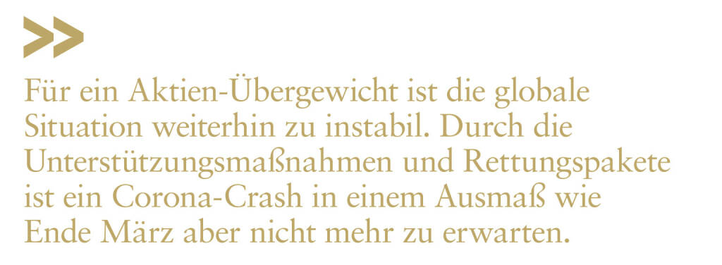 Für ein Aktien-Übergewicht ist die globale Situation weiterhin zu instabil. Durch die Unterstützungsmaßnahmen und Rettungspakete ist ein Corona-Crash in einem Ausmaß wie Ende März aber nicht mehr zu erwarten.
Stefan Neubauer  (13.07.2020) 