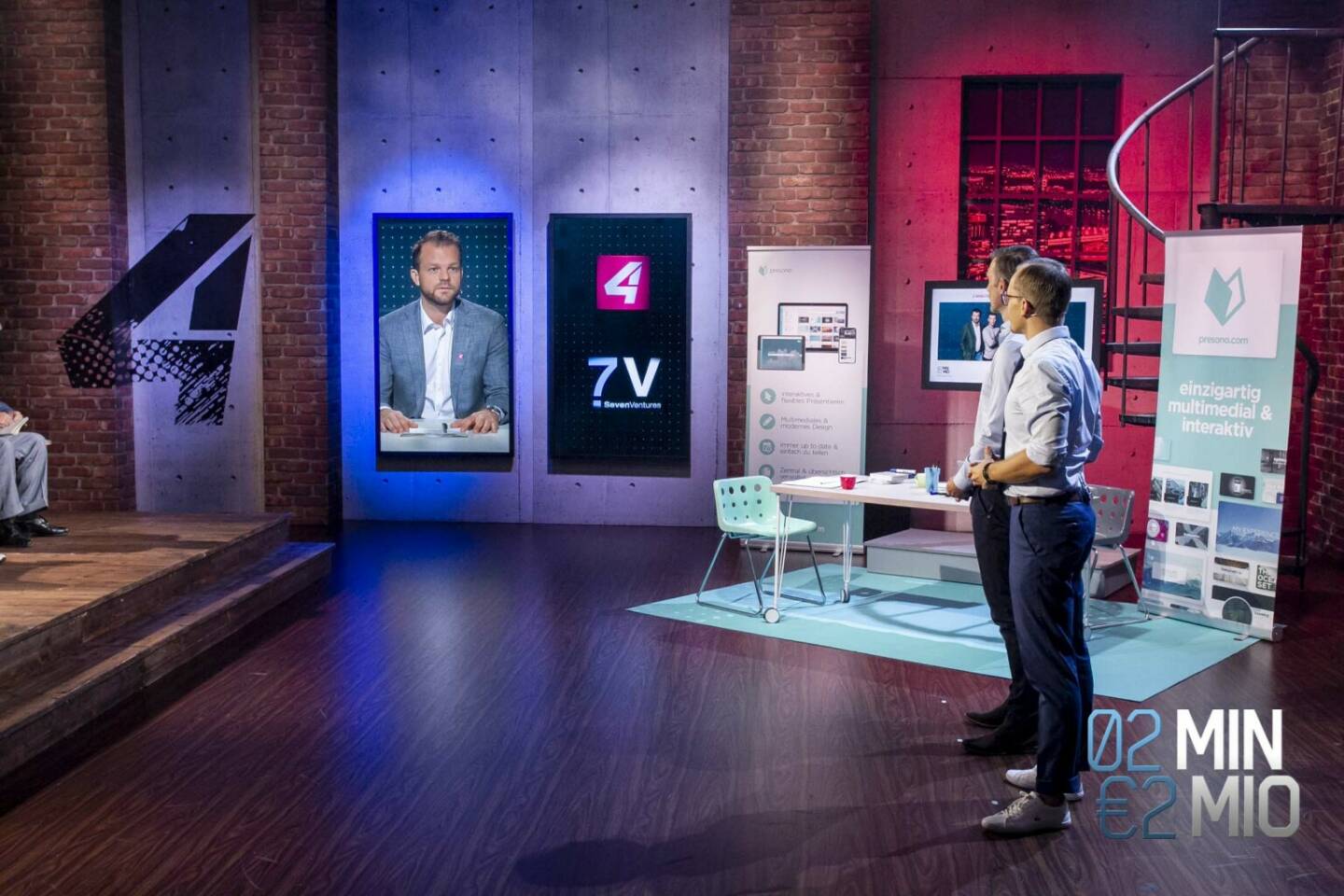 Eine Million Euro TV-Mediavolumen auf den Sendern der ProSiebenSat.1 PULS 4 Gruppe für acht Prozent Firmenanteile – so lautete der Deal, den presono in der 7. Staffel der PULS 4 Start-up Show „2 Minuten 2 Millionen“ im Februar mit Daniel Zech von SevenVentures abschließen konnte. Im Nachgang zur Sendung einigten sich Jungunternehmer und Investor auf einen noch größeren Deal. ; Fotocredit:PULS 4/Gerry Frank