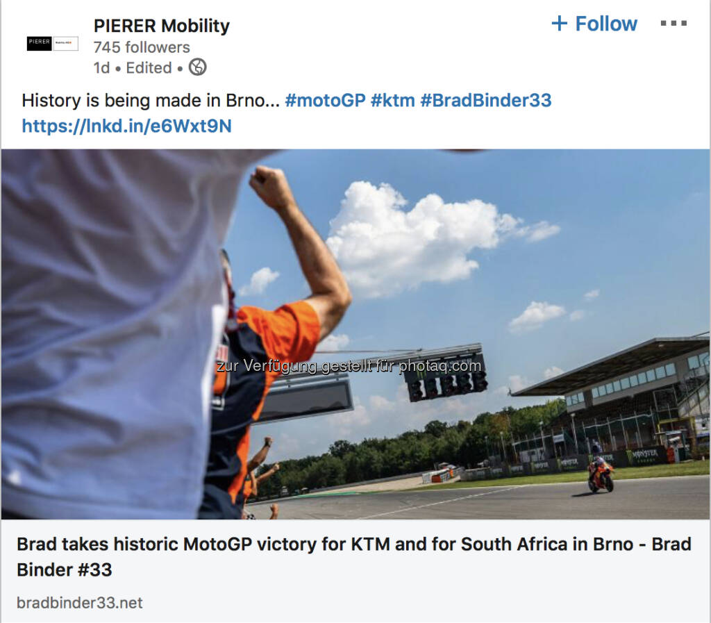 Pierer Mobility freut sich über Brad Binder (11.08.2020) 