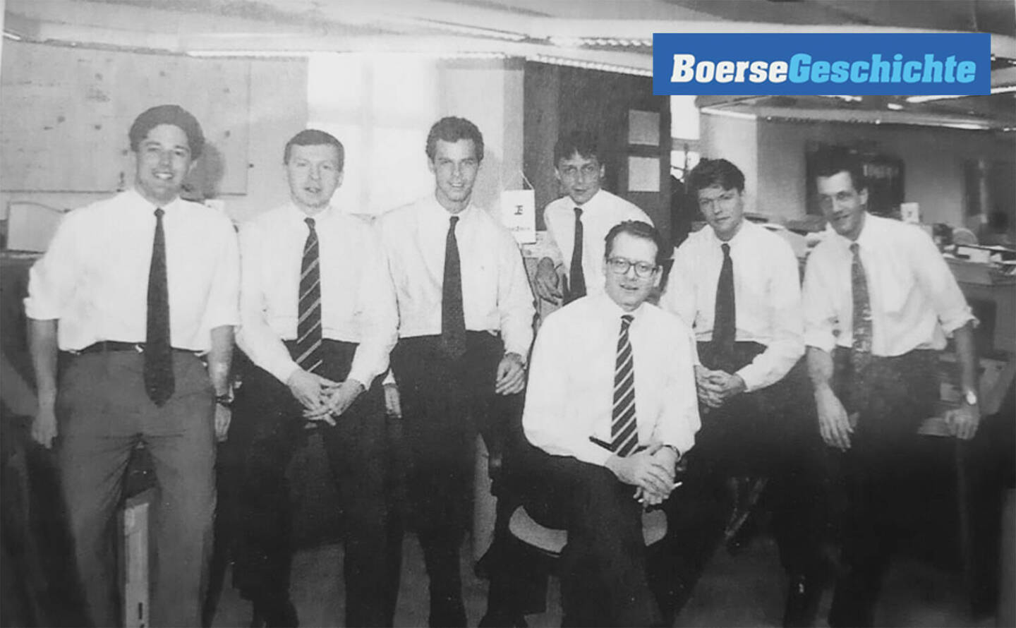 #boersegeschichte 1992: Im Erste-WP-Handelsraum Michael Richter, Christian Sehnal, Sascha Svoboda, Willi Celeda, Michael Spiss, Michael Neubauer, Ulrich Baumann

